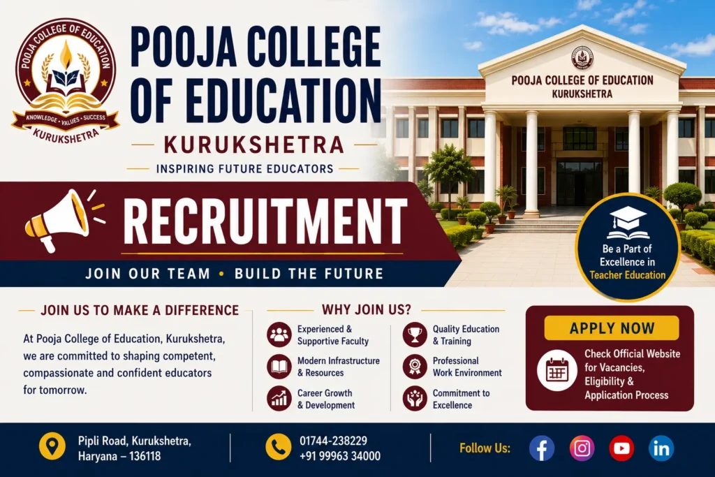 Pooja College of Education Kuk Recruitment 2026: Apply For Teaching, Non-Teaching Post