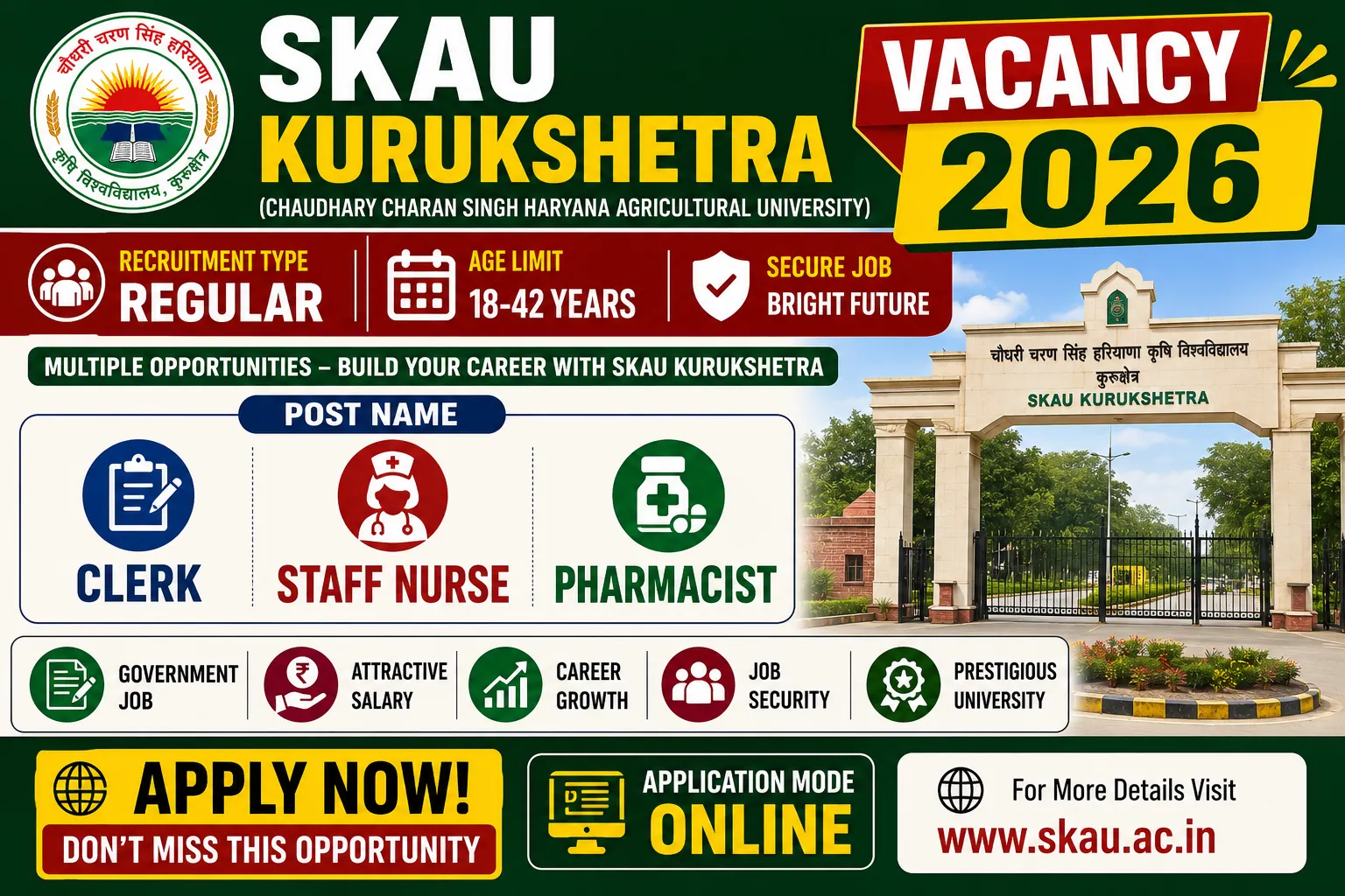SKAU Kurukshetra Vacancy 2026 Notification Out For Clerk, Staff Nurse, Pharmacist